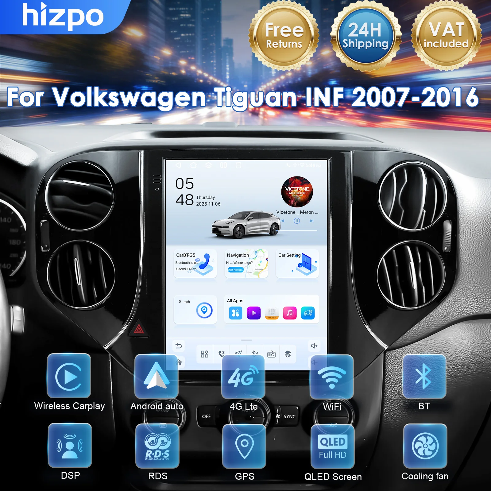 HIZPO Android 14 per Volkswagen Tiguan 1NF 2007-2016, Autoradio 9.7 Pollici con Carplay, 4G, Lettore Multimediale, GPS, RDS, DSP, Telecamera 360°