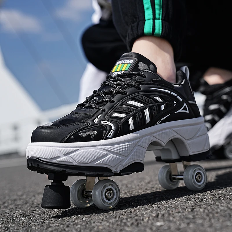 

Best Selling Mens womens Skateboarding Training Shoes Rubber sole four-wheel walking shoe Comfortable Double row ice skates