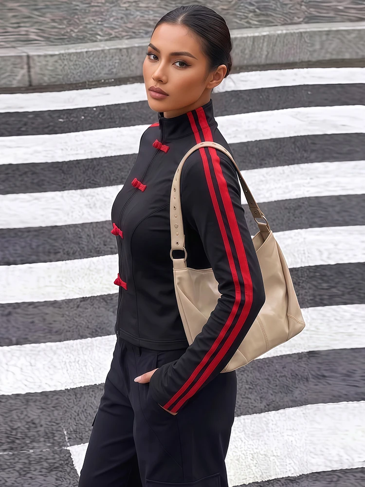 Kliou Contrast Patchwork Coats Woman Autumn Trend Frog Button Decoration Stand Collar Full Sleeve Daily Casual Fashion Jackets