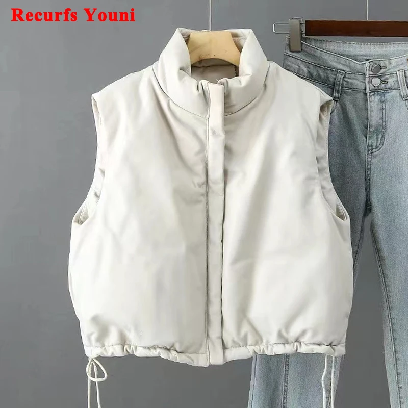 Leather Down Vest For Women 2023 Winter korean Fashion Sleeveless Genuine Leather Doudoune Femme Trendy Short  White Tank Top