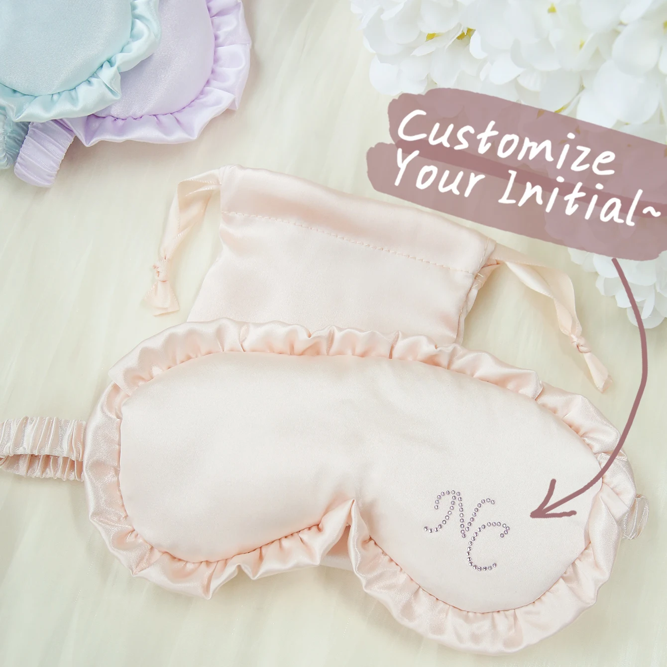 2 Stück individuelle Namensrüschen-Augenmaske mit Aufbewahrungstasche, individuelle Monogramm-Schlafmaske, personalisierte seidige weiche Satin-Augenmaske