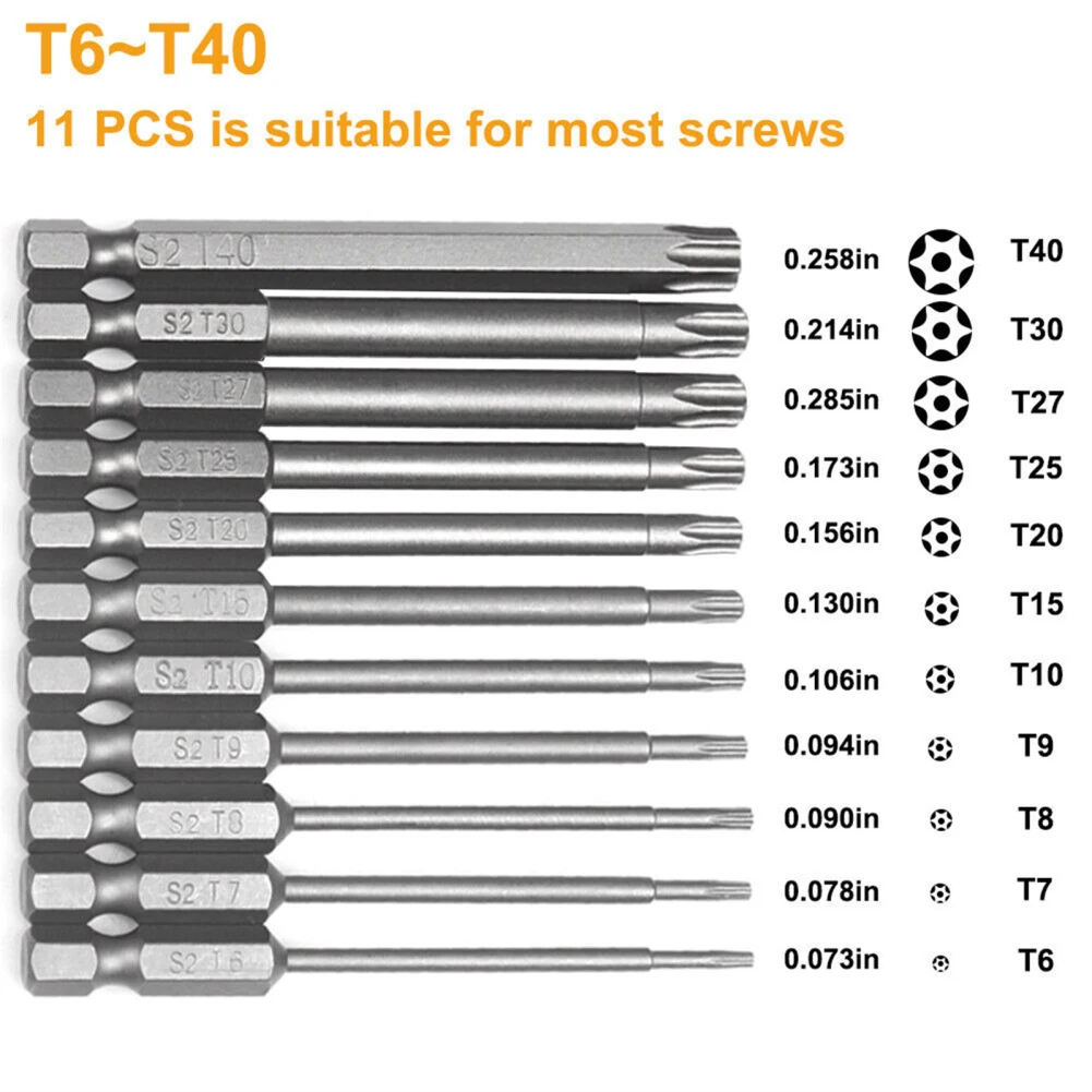 11pcs Torx Bit Set Extra Long Bit Socket S2 Alloy Steel Bit Screwdriver Wrench Drill Bit Set 1/4