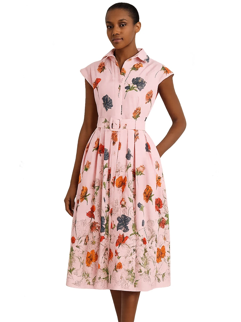 Robe chemise Vintage à imprimé Floral pour femmes, tenue d'été mi-longue avec ceinture, ligne a, élégante et décontractée, 2025