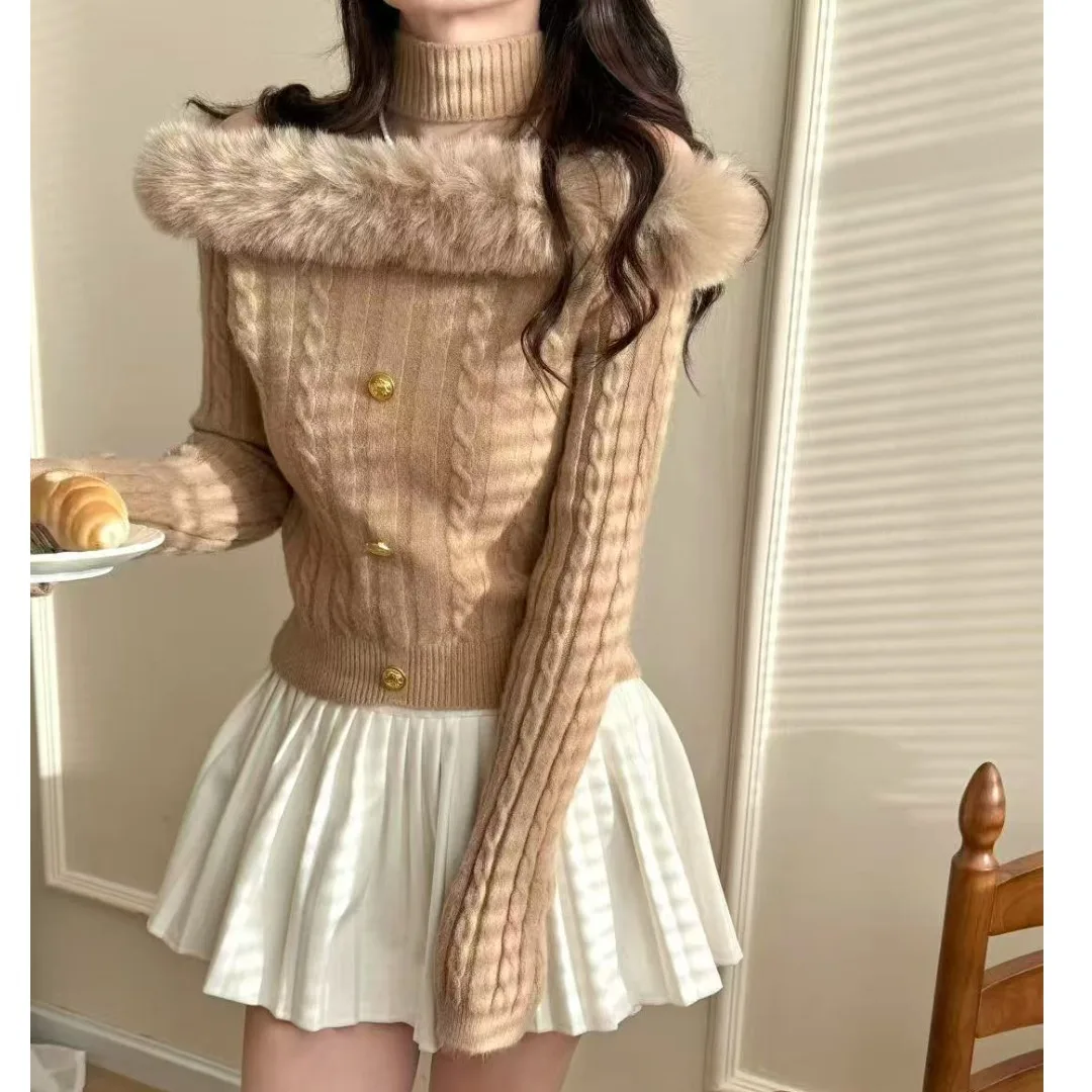 

Korean Sle Women's Knitted Sweater Chic oulder Bared Embroidered Collar Long Sve Thiened Winter Faion Ladies' Top