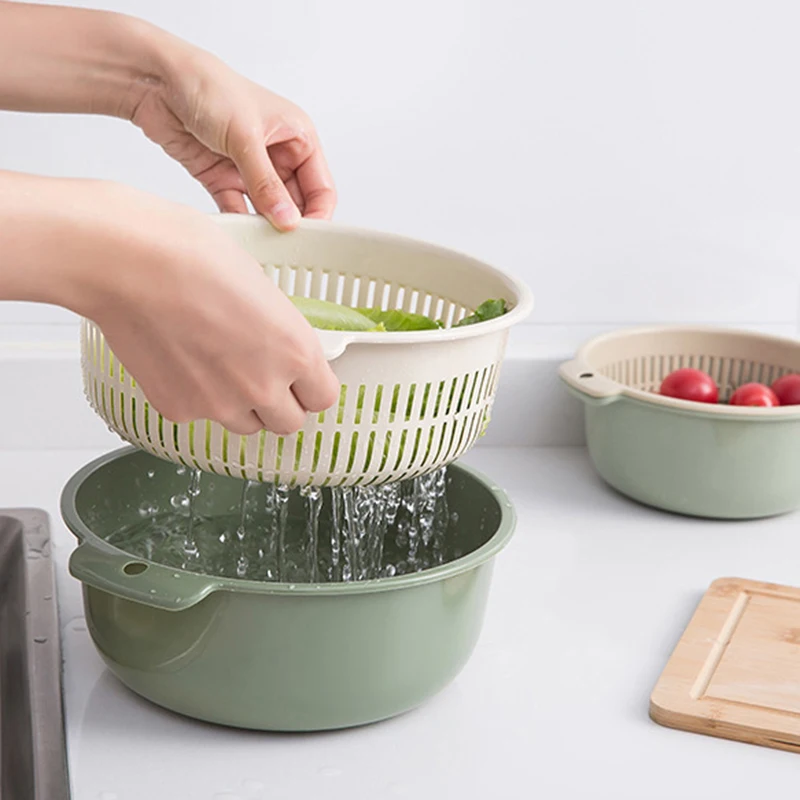 Camadas duplas drenagem cesta de plástico cozinha coador colander tigela frutas e legumes filtro de lavagem