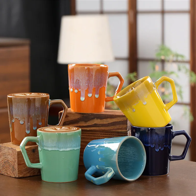 Fine Elegant Handmade Japanese Vintage Ceramic Coffee Mugs 300ml Reactive Flowing Glaze Latte Art Cup for Home Office Desk Decor