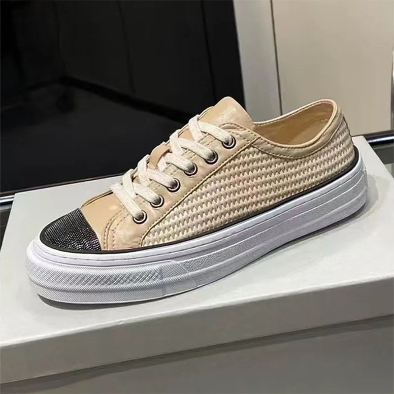 

Casual Flat Sneakers Women Patchwork Outdoors Running Shoes Round Toe Lace Up Chain String Bead Comfort Women's Sports Shoes
