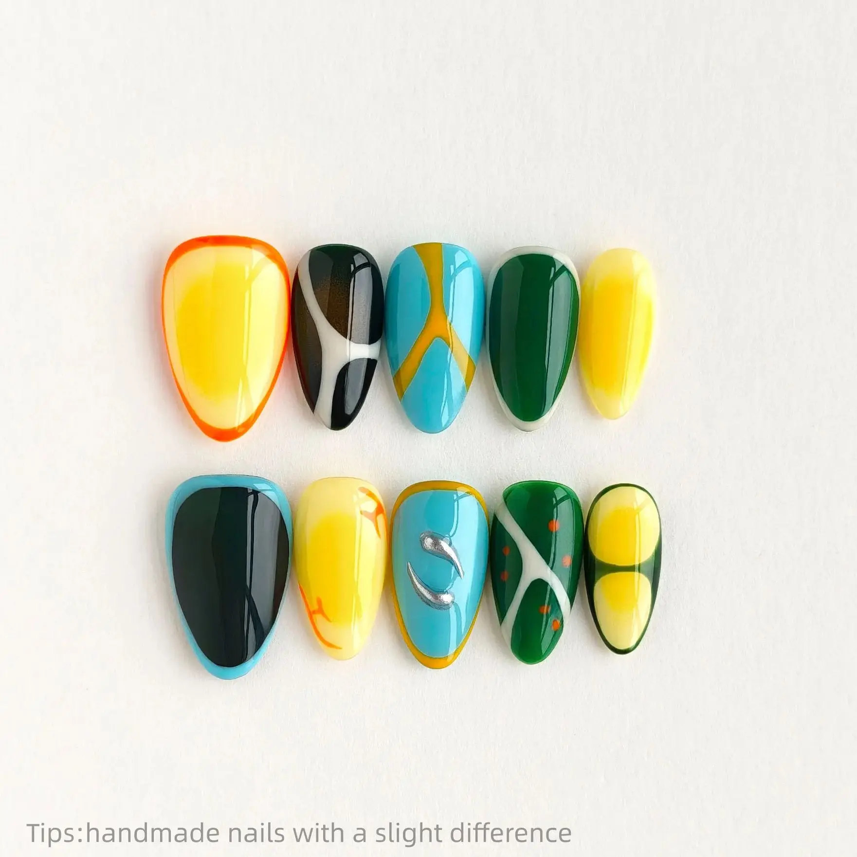 10pcs Handmade Colorful Block Art Pattern Press on Nails Almond Full Cover Wearable Fake Nails Reusable Trendy False Nails 2026
