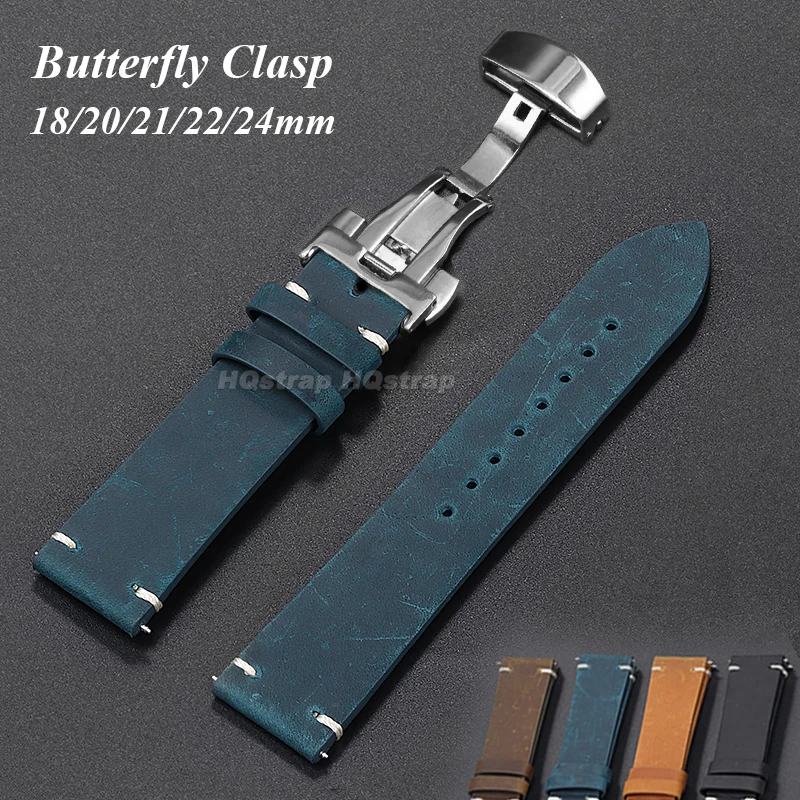 Stitching Leather Watchband 18mm 20mm 22mm 24mm Men Women Leather Watch Band Butterfly Clasp Watch Strap Vintage Cowhide Strap