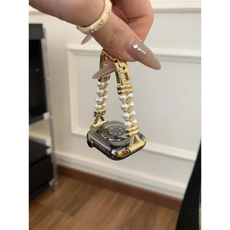 

Luxury Pearl Band For iWatch Ultra 10 9 8 7 6 5 4 Glossy Metal Bracelet Strap For Apple Watch 40mm 41 42mm 44mm 45mm 46mm 49mm