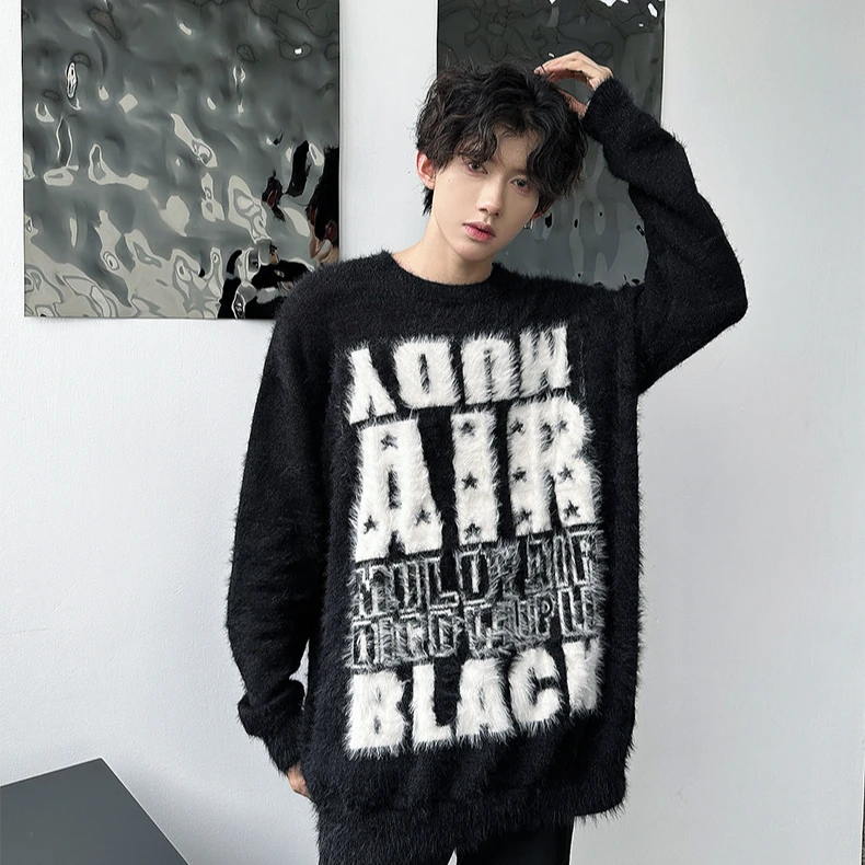 

Американский ретро-свитер из норки с вышивкой букв для пар, мужской свободный ленивый вязаный свитер, модный брендовый повседневный длинный свек, круглый...