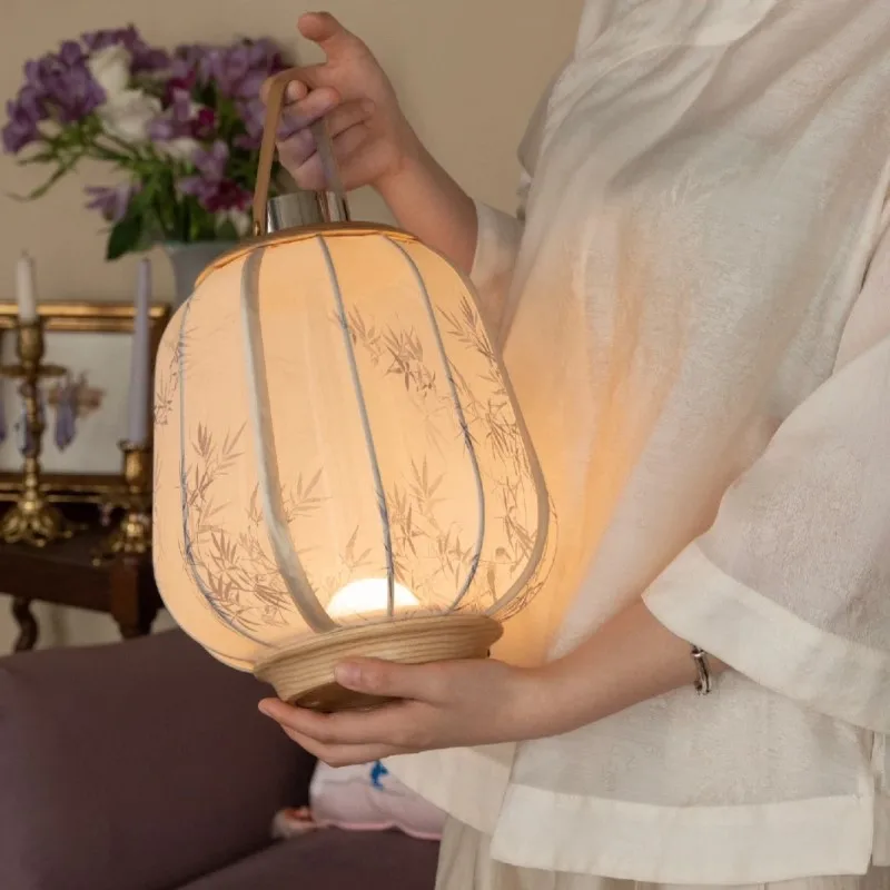 Wireless charging desk lamp Solid wood portable lantern Palace lamp Study atmosphere light