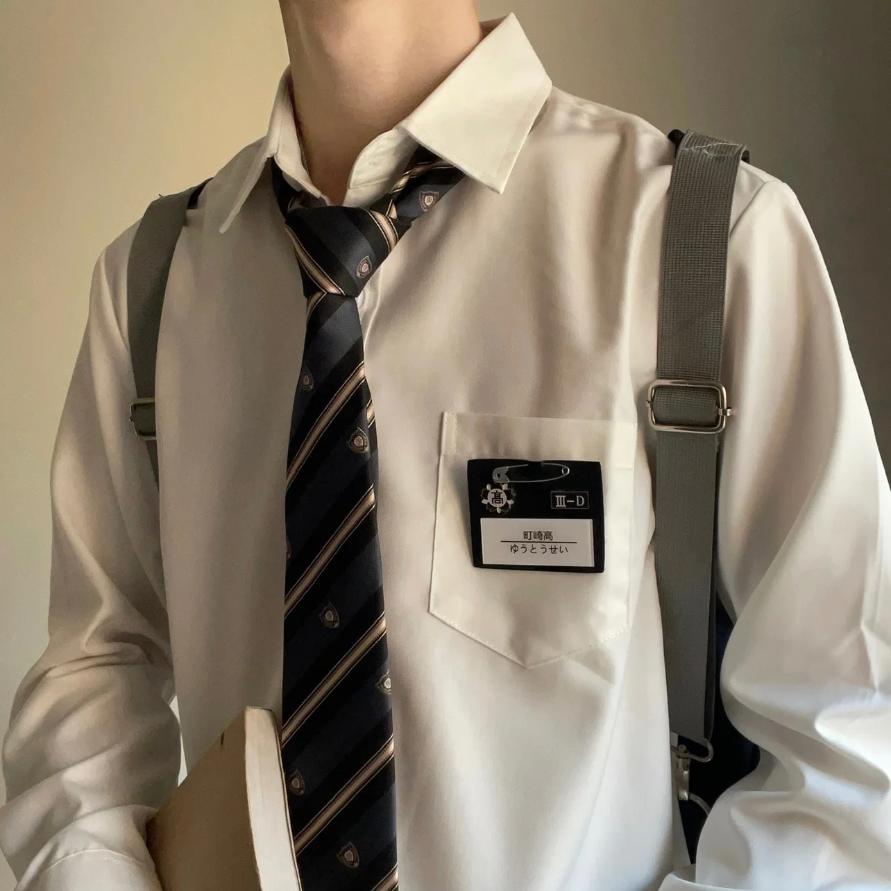 White Long Sleeve Shirt with Tie Leather Standard Fit Cotton Polyester Blend Breathable Moisture Wicking School Uniform Style
