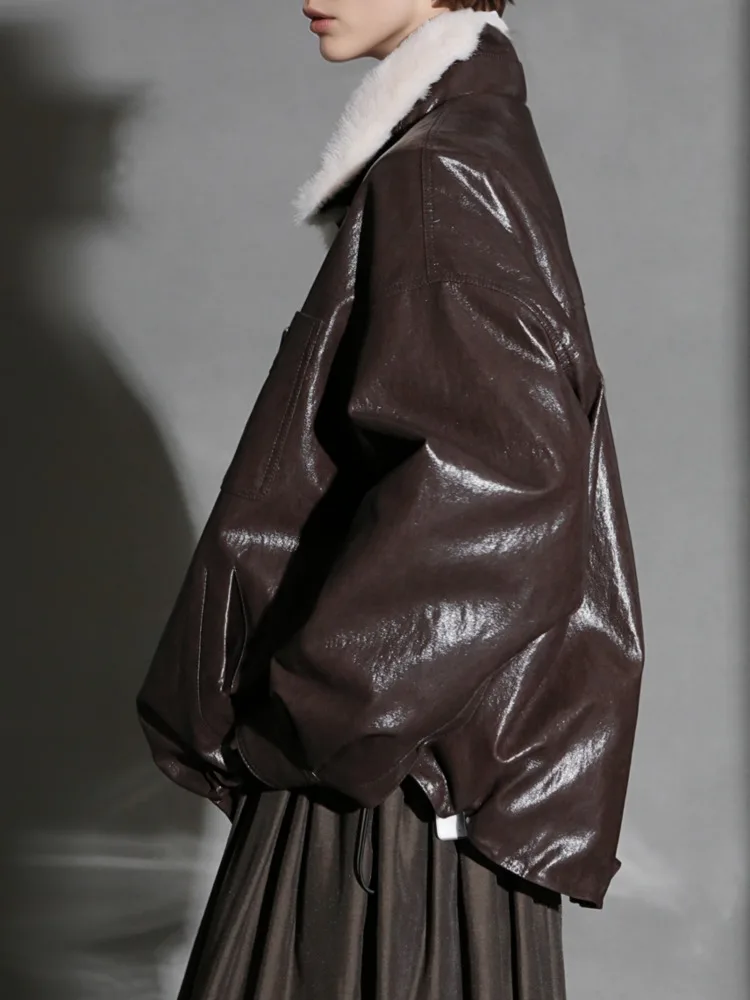 ZMEENNA veste en simili cuir marron pour femme col en fourrure blanche amovible manteau court surdimensionné vêtements d'extérieur décontractés ZM4531