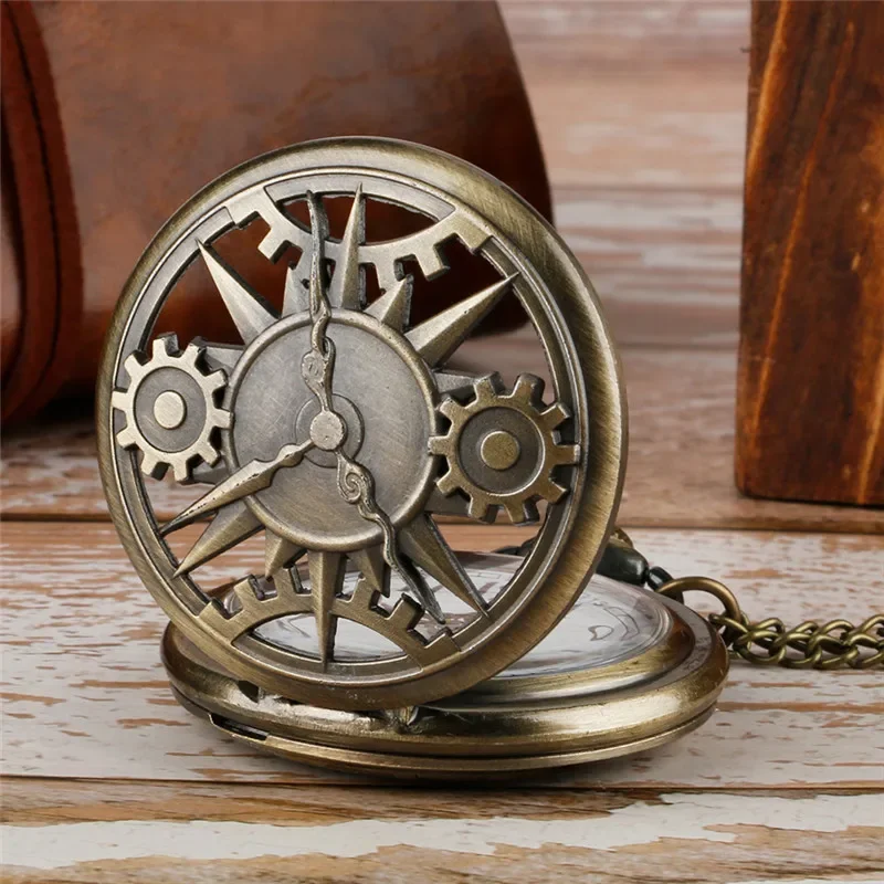 Old Fashion Hollow Wheel Gear Cover Men Women Quartz Analog Pocket Watch Half Hunter Clock with Sweater Chain Collectable Gift