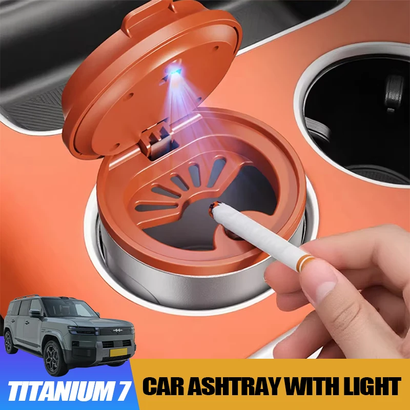 Car Ashtray with LED Light for BYD Leopard 7 Titanium 7 Stainless Steel Liner Cup Holder Multifunctional Interior Accessory