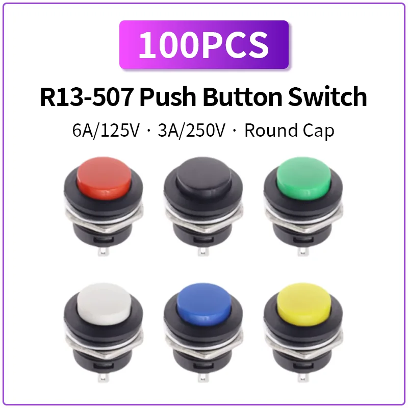 100PCS R13-507 Momentary Push Button Switch SPST Round Cap 6A 125V 3A 250V Mixed Color