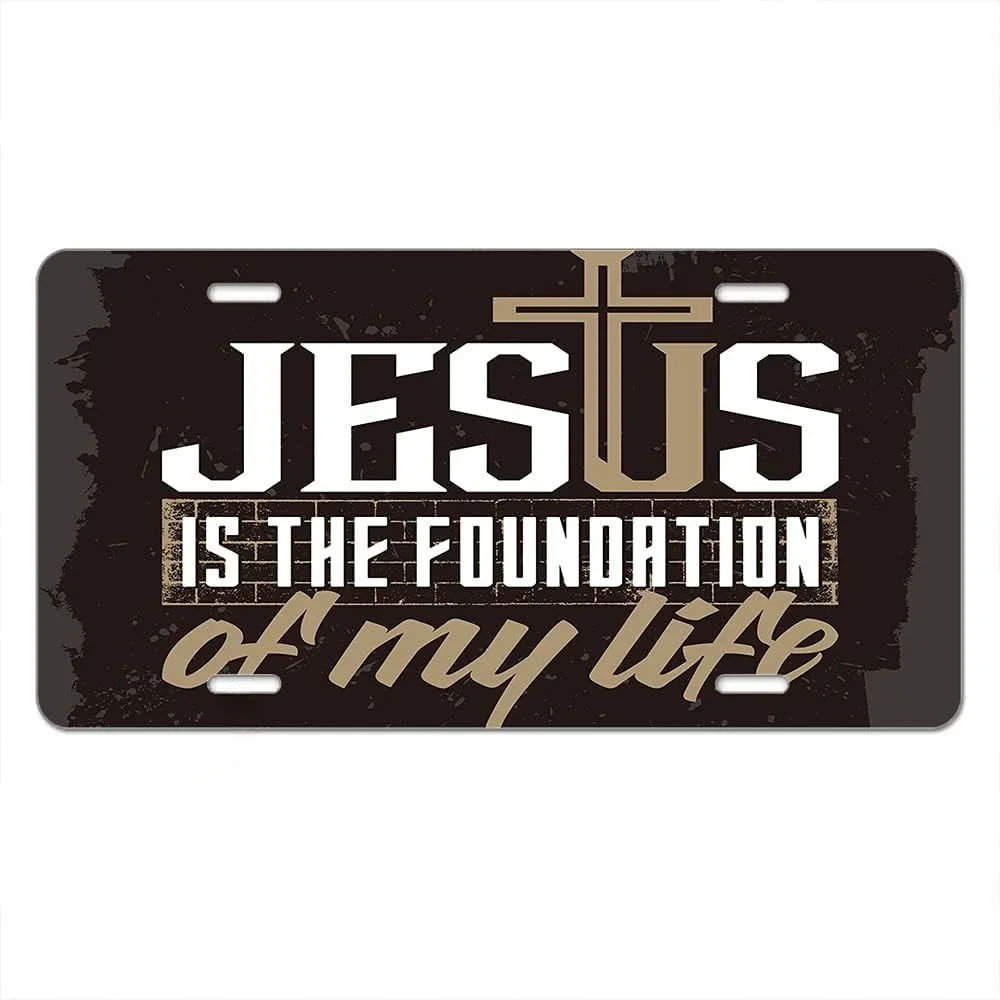 Jesus Is The Foundation of My Life Front License Plate Covers Christian Quote Bible Lettering on Black Decorative Car Plates