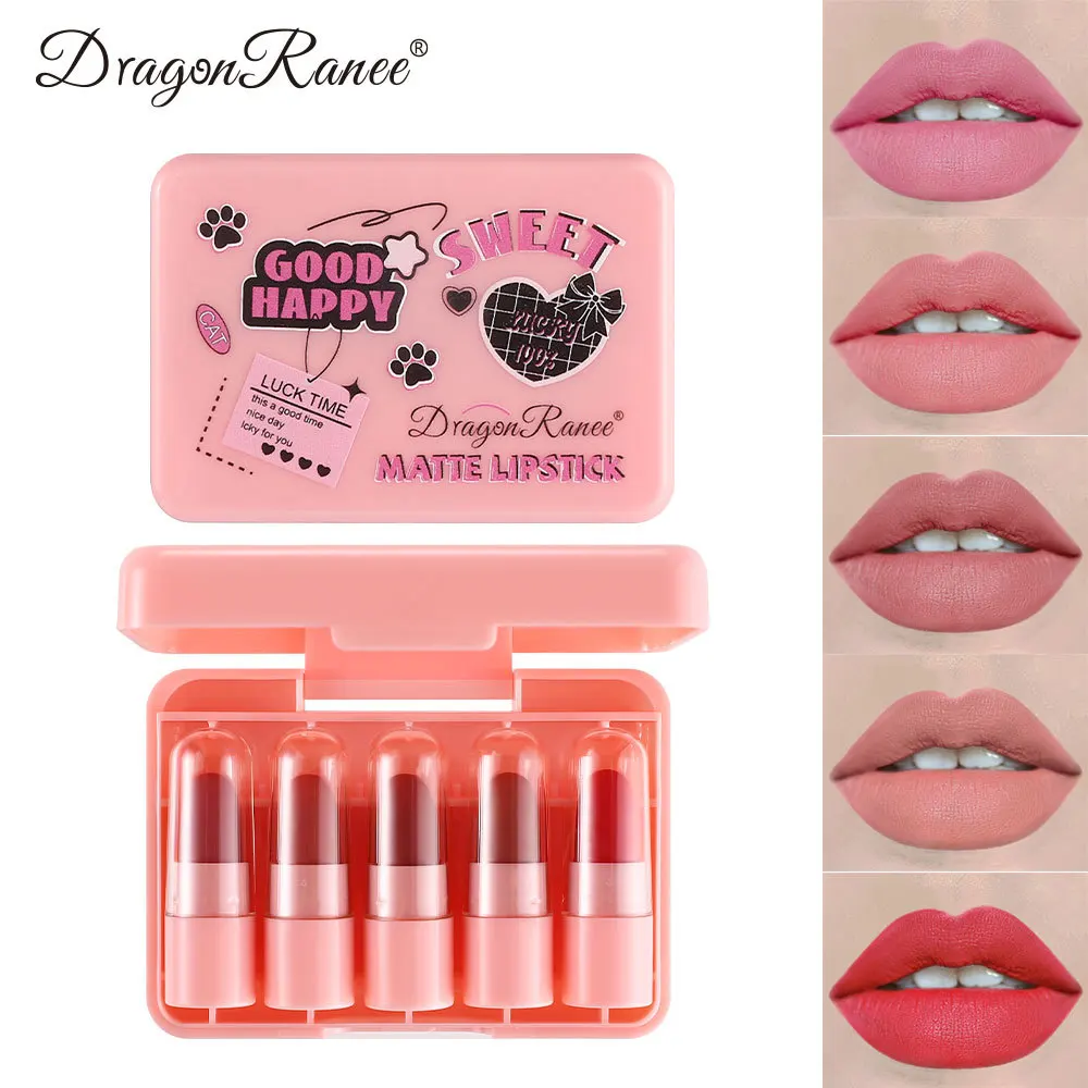 5 pezzi Mini Set di rossetti opachi con simpatica confezione regalo trucco Kit di rossetti nudi a lunga durata e Non sbiaditi regali ideali per ragazze