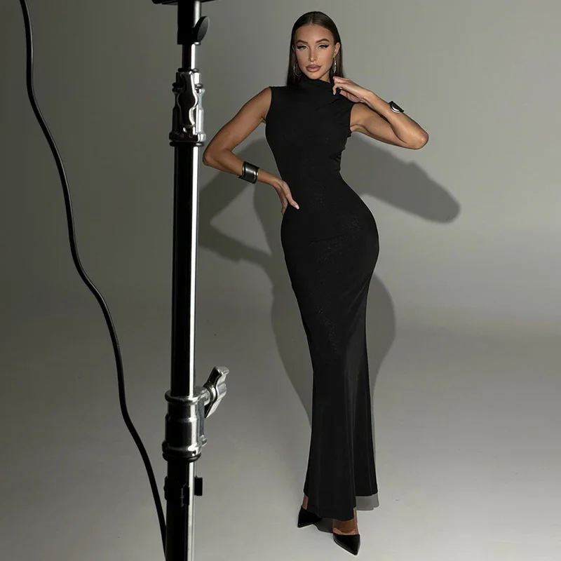 우아한 여성용 솔리드 슬리브리스 하이넥 맥시 드레스 슬림핏 머메이드 헴 롱 바디콘 이브닝 가운 파티 프롬 칵테일 행사용