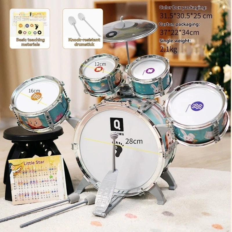 

Children Kids Drum Set Musical Instrument Toy 5 Drums with Small Cymbal Stool Drum Sticks for Boys Girls