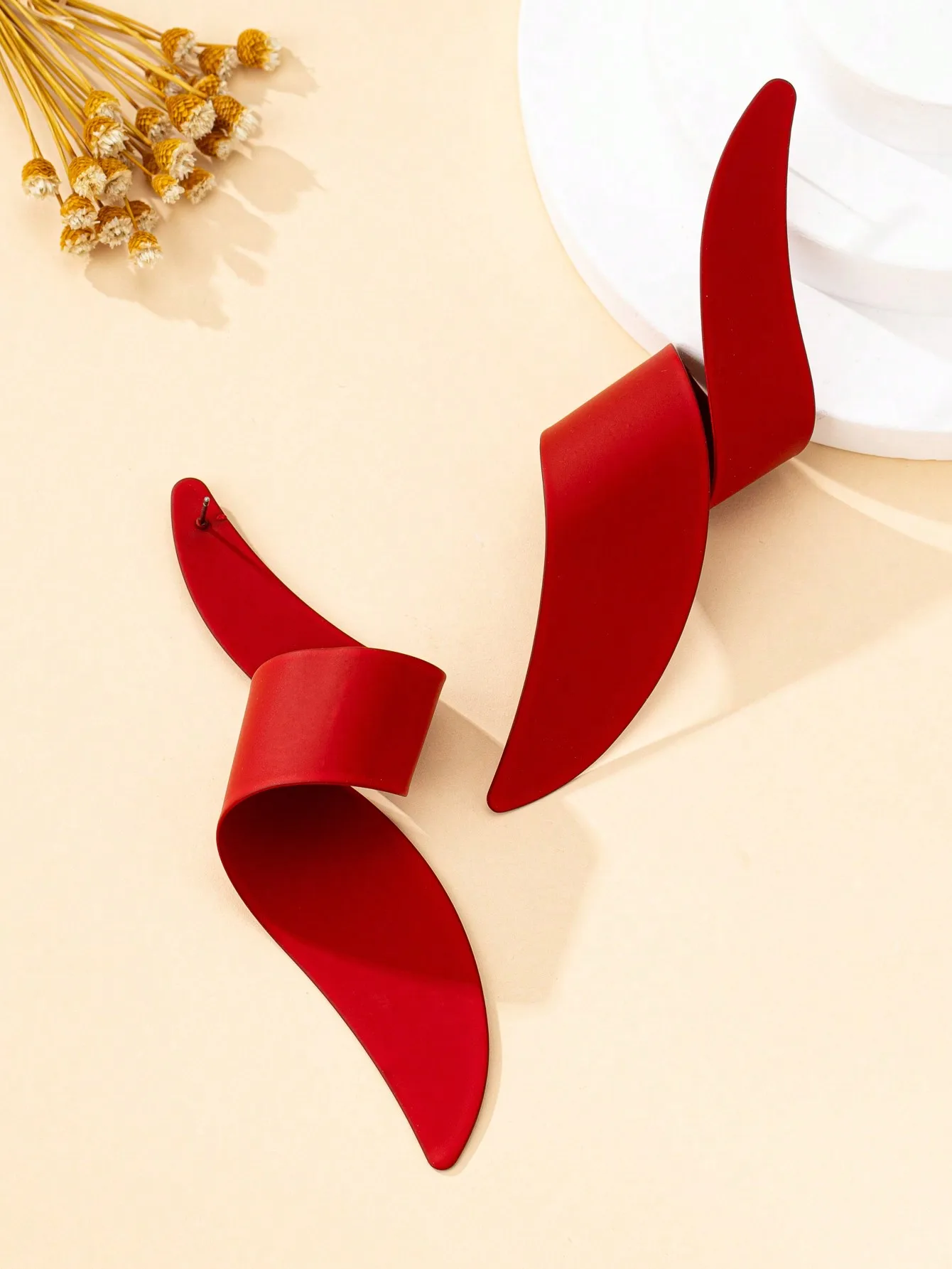 Matte Red Twisted Geometric Dangle Earrings for Women, Abstract Curved Irregular Earrings, Trendy Party Statement Accessories