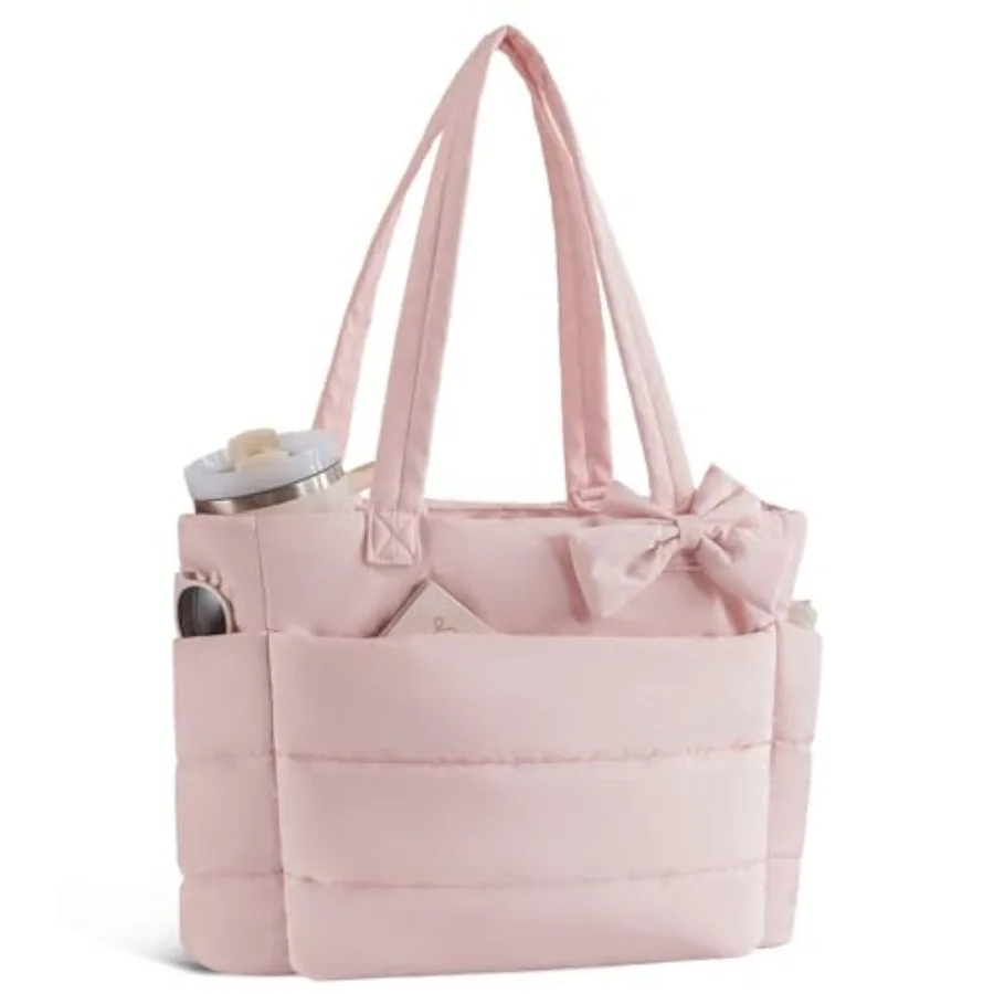 

Puffer Tote Bag for Women, Quilted Bow Tote Bag with Cup Holder and 15.6 In Laptop Compartment for Work, Travel, Gym, College