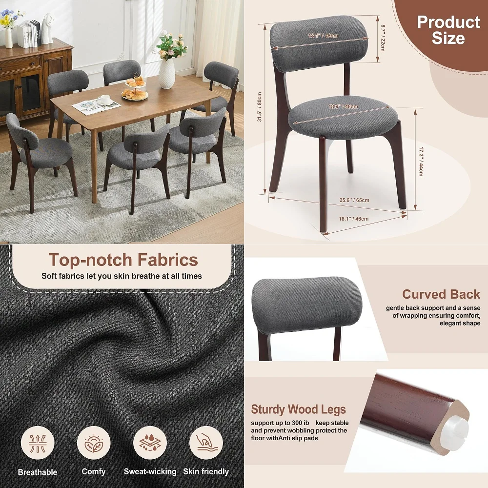 

of 6 Dining Chairs, Mid Century Modern Wood Dining Room Chairs with Curved Back, Solid Wooden Legs Upholstered Padded Kitchen C