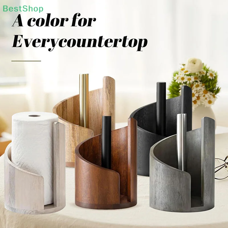 

Mountain Paper Towel Holder Countertop With Mango Wood Round Base And Iron Holder, Brown Natural Wood Paper Towel Holder