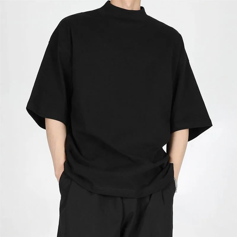 Black Solid Color Men Clothing Design Half Turtleneck Short Sleeve T-Shirt Summer Loose Round Neck Top