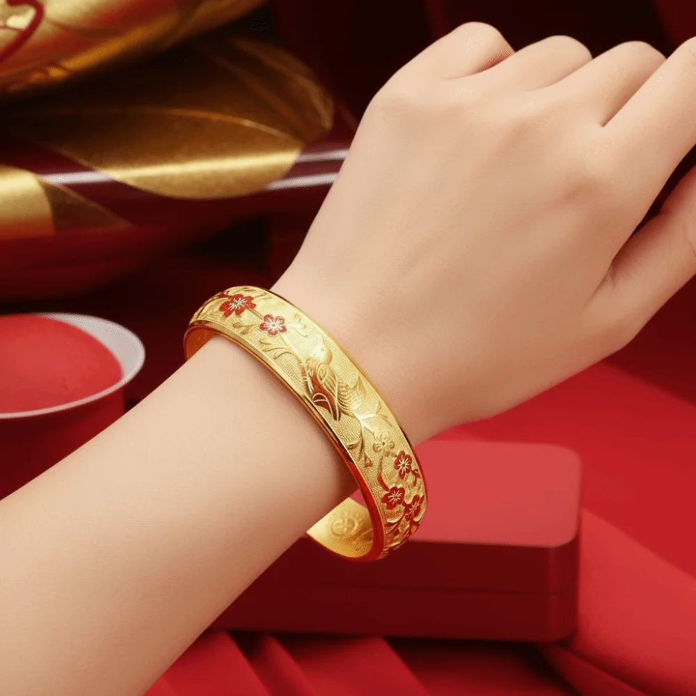 Engraved Plum Blossom Bracelet Adjustable Matte Gold Magpie Cuff Bangle Traditional Lightweight Auspicious Open Bangle