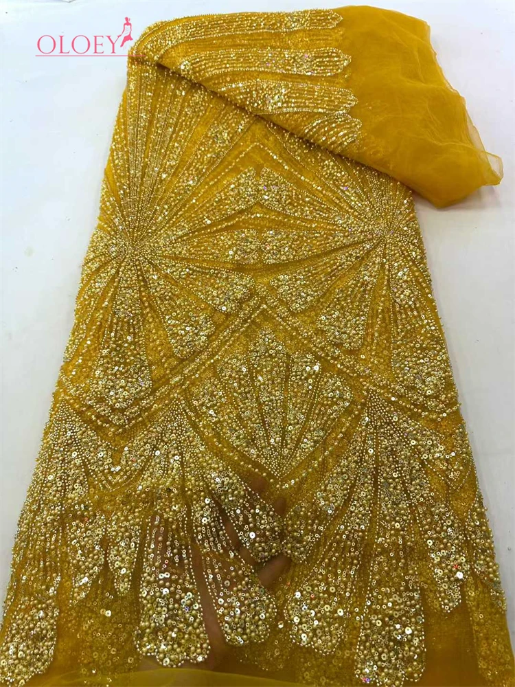 

OLOEY Hot New African Beaded Lace Fabric 5 yards Luxury French Sequins Embroidery Mesh Lace Fabric Ladies Wedding Party Dresses