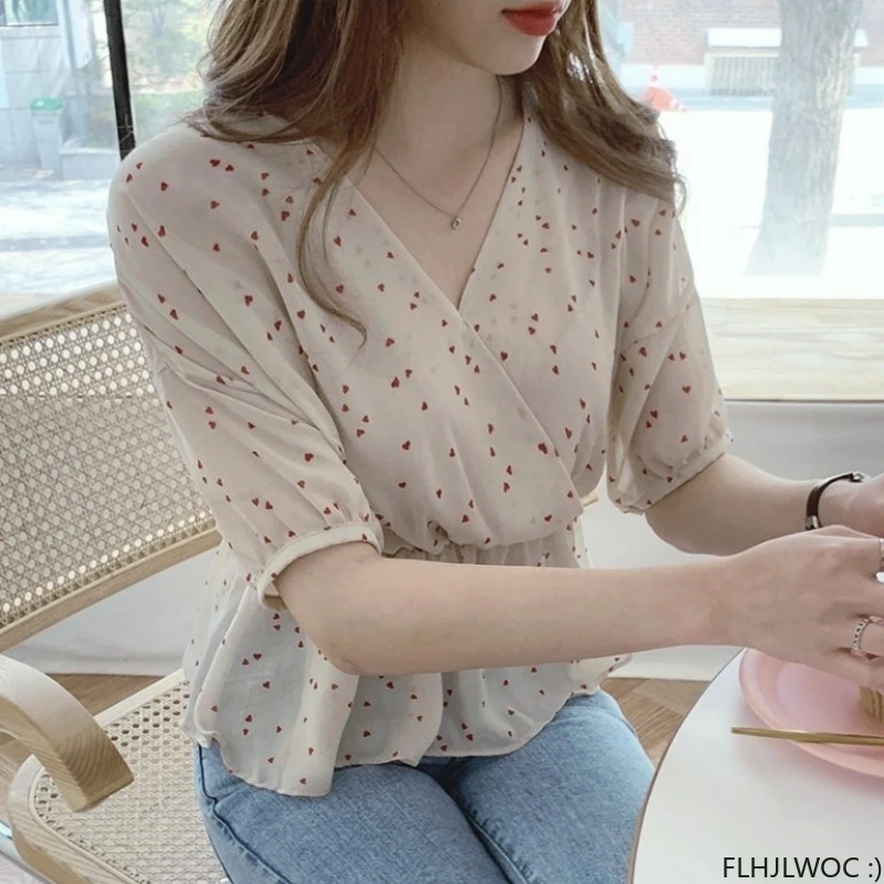 V Neck Peplum Ruffled Tops Woman Summer Short Sleeve Cute Sweet Korean Japan Preppy Style Girls Polka Dot Blouse Shirt 6118