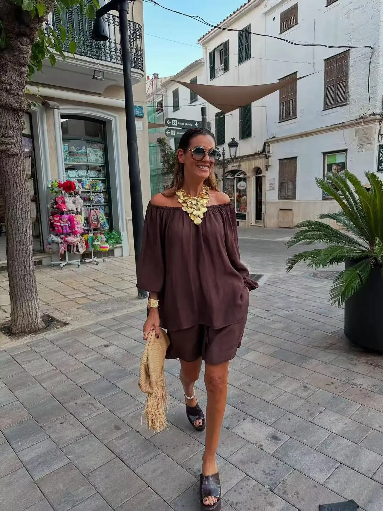 BB6670 2025 Summer New Women's Loose One Word Collar Off Shoulder Bubble Collar Long Sleeve Shirt Top 4043010