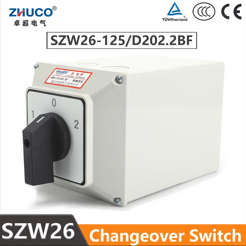 

ZHUCO SZW26/LW26-125 125A 2Pole 8 Screw 3 Position Cam Generator Rotary Changeover Switch With Waterproof And Dustproof Seal Box