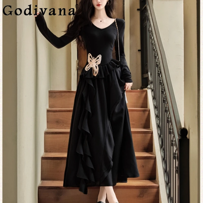 

Autumn Winter French Temperament V-neck Black Long Sleeve Bottom Dress Fashion High Waist A-line Versatile Elegant Party Dresses