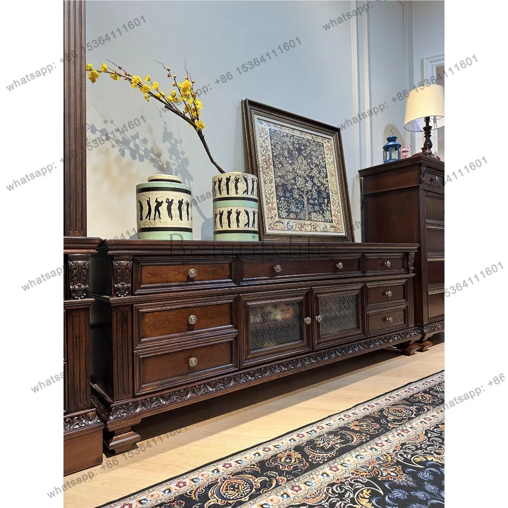 Hot pure solid wood large American TV cabinet high-end French retro classical European engraved video cabinet