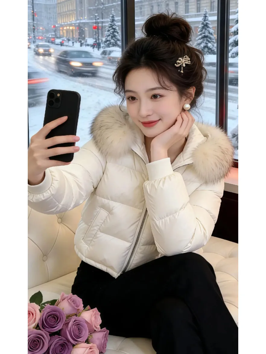

Корейская женская утепленная куртка из хлопка с большим меховым воротником, теплая стеганая короткая куртка, модная женская зимняя новинка