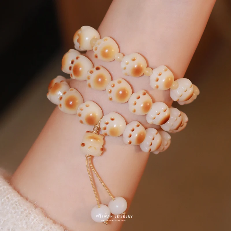 

UMQ Kawaii Pink Cat's Claw Bracelet Natural White Jade Bodhi Root Buddha Bead Strand Bracelets Amulet Cute HandString For Girls