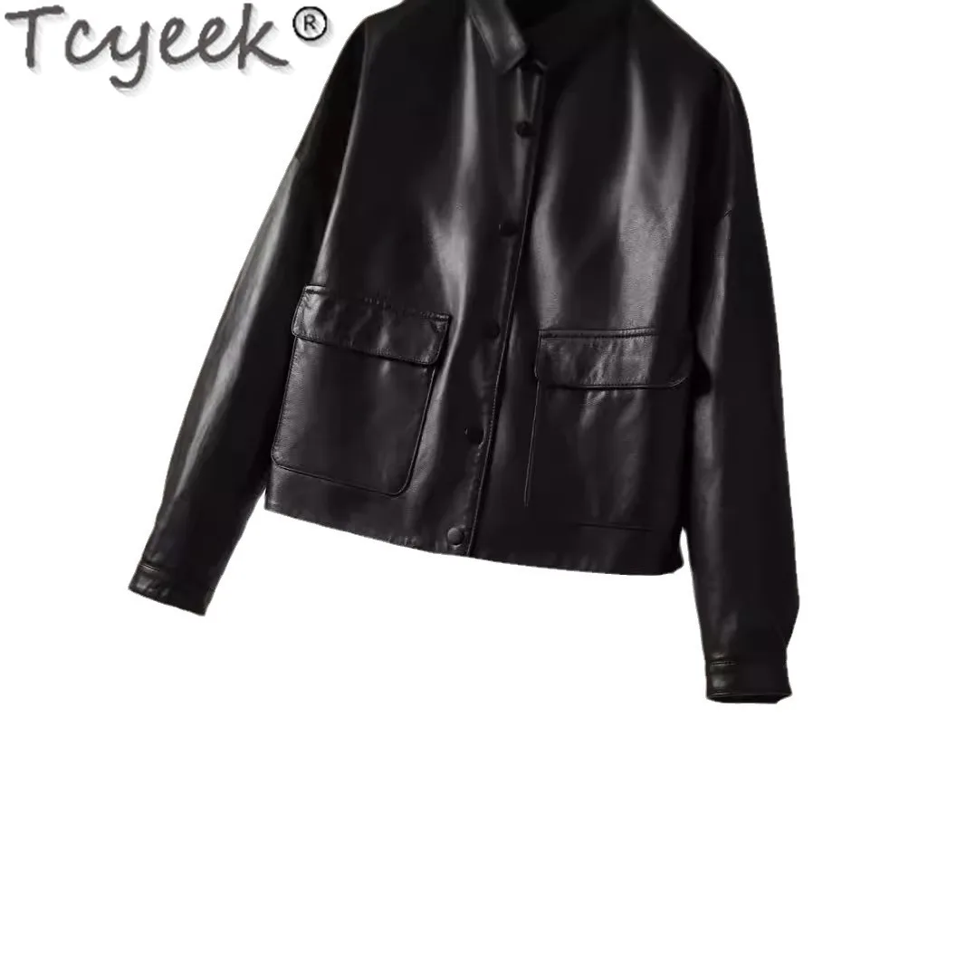 Tcyeek, chaqueta de cuero auténtico para mujer, abrigo de piel de oveja para primavera y otoño, abrigo de cuero negro, chaquetas de motocicleta para mujer 2024, chaqueta de cuero