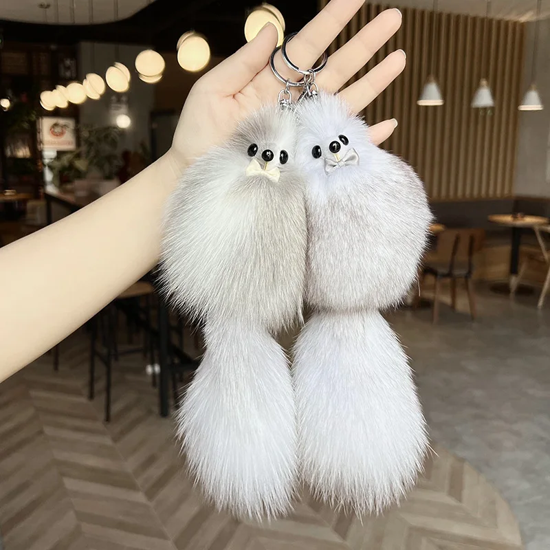 

Cute Fluffy Bow-knot Fox Ball Key Chain Rings Pompom Real Fox Fur Charm Keychain Car Bag Key Ring Women Jewelry