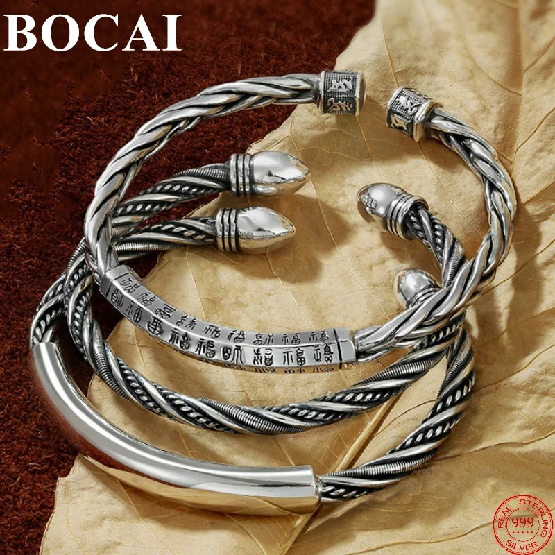 

BOCAI S999 Sterling Silver Bracelet 2022 New Popular Weaven-Bangle Six Syllable Mantra Chinese Fu Argentum Jewelry for Men Women