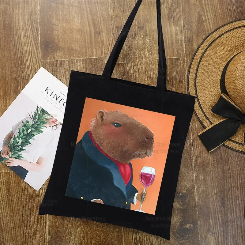 Capybara สัตว์น่ารักการ์ตูนที่กําหนดเอง Tote Bag Shopping Original Design สีดํา Unisex Travel ผ้าใบกระเป๋า Eco พับกระเป๋านักช้อป