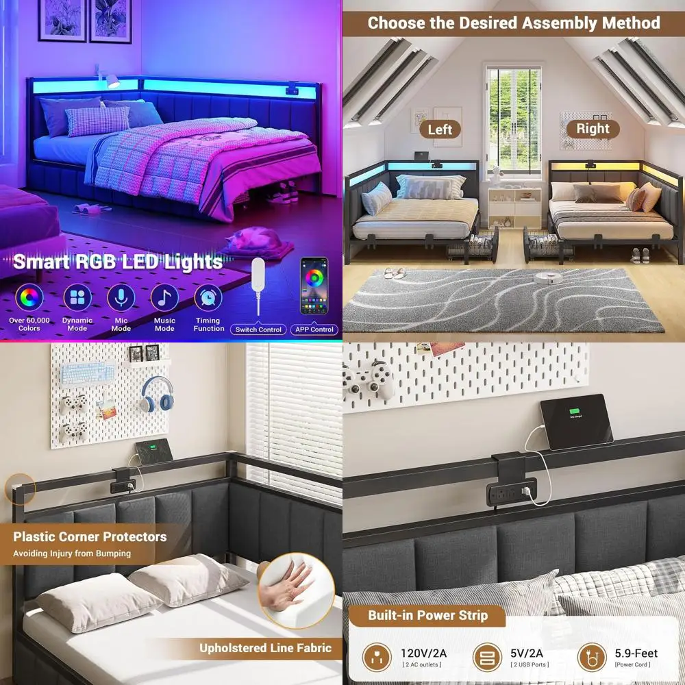 

Двуспальная кровать-софа с ящиками для хранения, обивкой из ткани, светодиодной подсветкой и зарядной станцией для детей