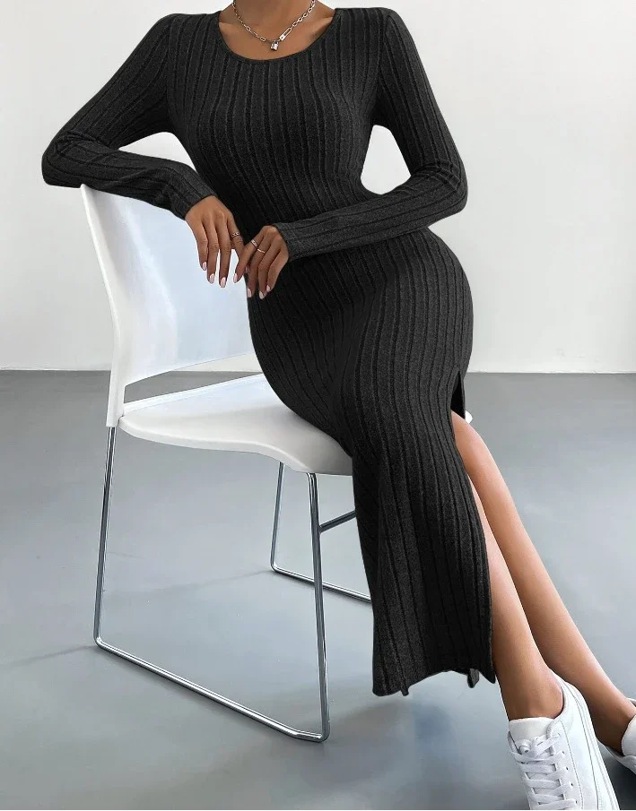 Casual Elegant Women Dresses 2023 Autumn Winter New Long Sleeve Round Neck Split Knit Fashion Slim Long Dress Female Clothing