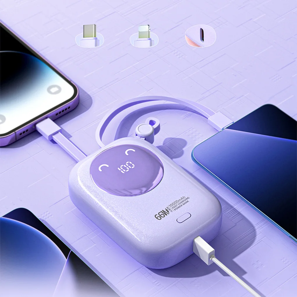 باور بانك صغير 10000 مللي أمبير في الساعة مع كابل مدمج 66 وات شحن سريع شاشة رقمية بطارية محمولة لهاتف iPhone Samsung