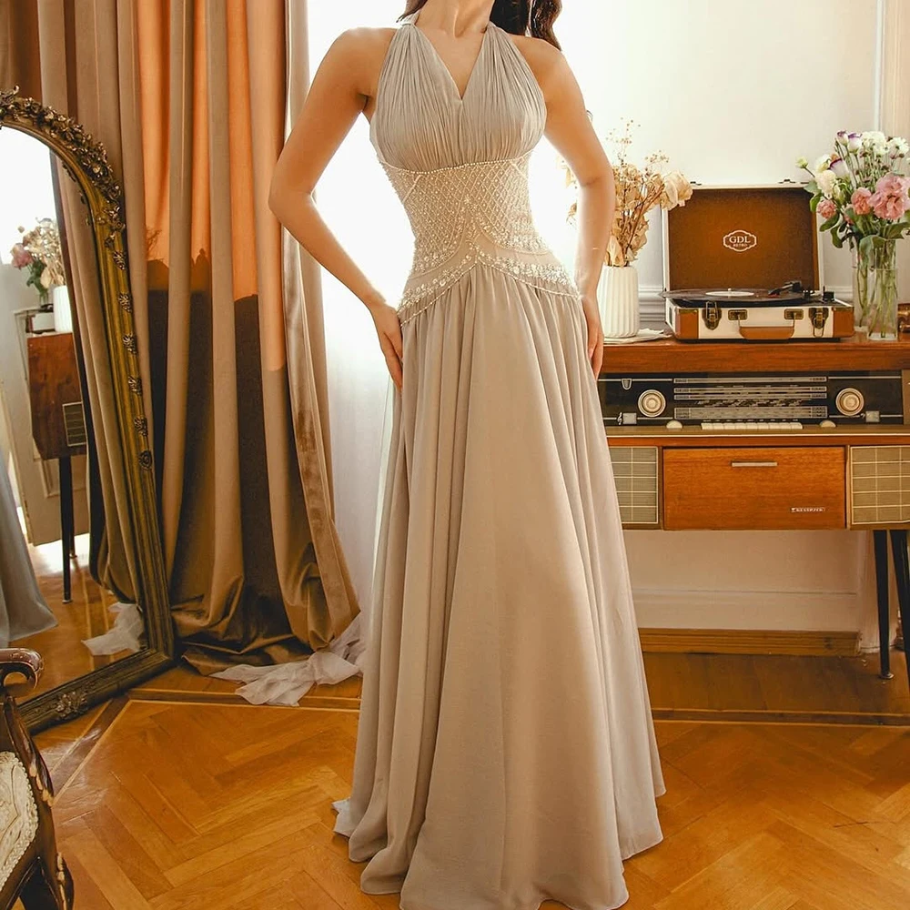Robe de soirée trapèze personnalisée, longueur au sol, col en v, sans manches, robe de bal, paillettes, Simple, drapée, dos nu, à la mode