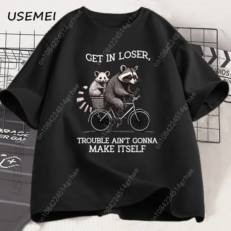 Get in Loser T Shirt Funny Raccoon Graphic T Shirts Cotton Short Sleeve Printed Casual Loose Oversize Cotton Clothing Tops view 3
