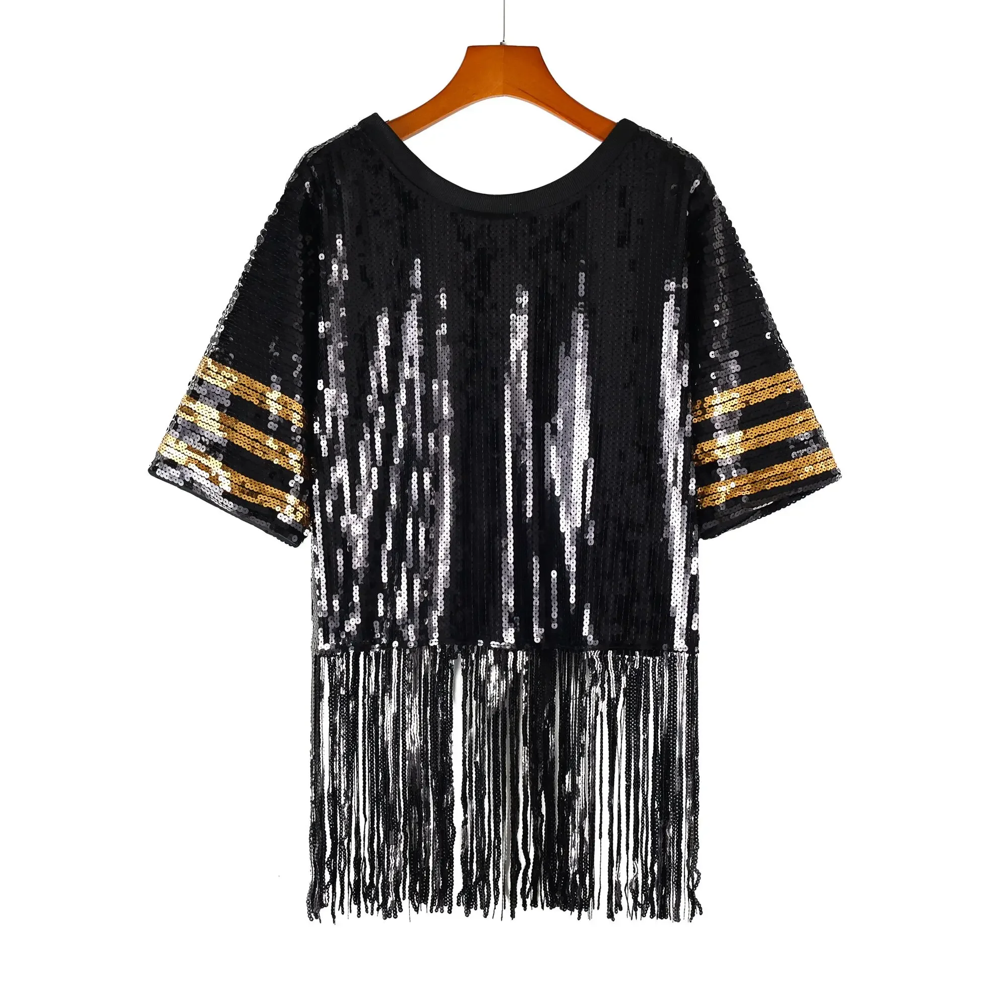 Spring Summer New Fashion Sequin Fashionable Tassels Women Short Sleeved Top Simple Round Neck Female Letter T-shirt