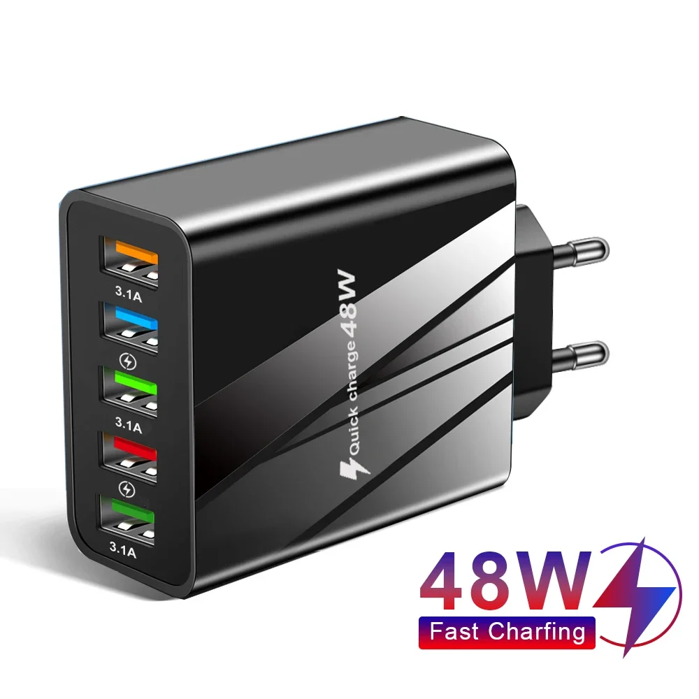 Carregador USB 48W Carregamento Rápido QC3.0 Adaptador de Carregador de Parede para iPhone 14 13 Samsung Xiaomi Carregador de Celular 5 Portas Plugue EU US
